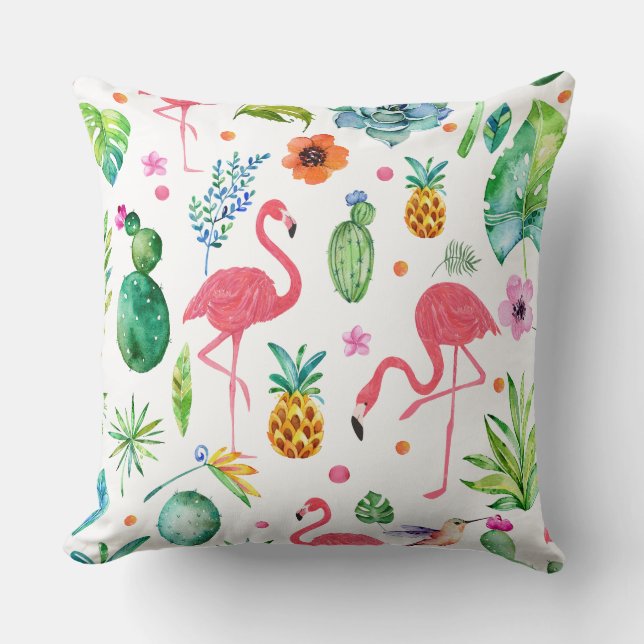 Rosa Flamingos & Tropical Cactus Mönster Kudde (Framsida)