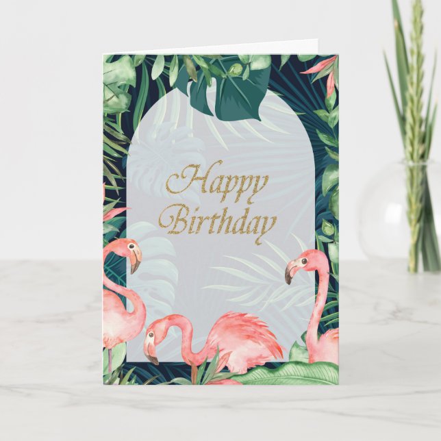 Rosa Flamingos Tropical Handflatan Löv Birthday Kort (Framsida)