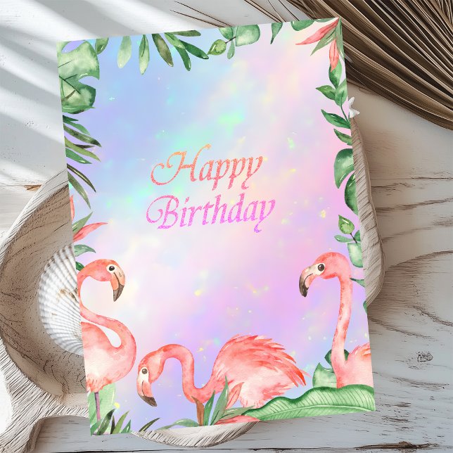 Rosa Flamingos Tropisk Holografisk Födelsedag Kort (Skapare uppladdad)