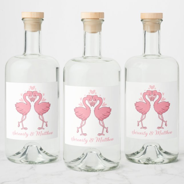 Rosa Flamingos Tropisk Sommar Strand Bröllop Spritflaskor Etikett (Flaskor)