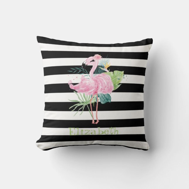 Rosa Flamingos, Tropiska blad Svarta Ränder Kudde (Framsida)