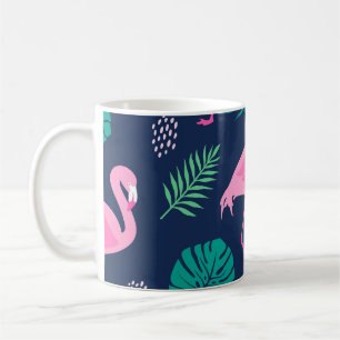 Rosa flamingos, tropiska handflatan, handdragna sö kaffemugg