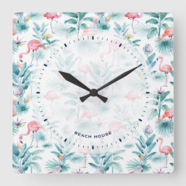 Rosa flamingos tropiska löv mönster fyrkantig klocka