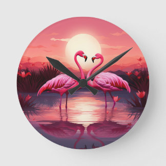 Rosa Flamingos vid Sunset Rund Klocka