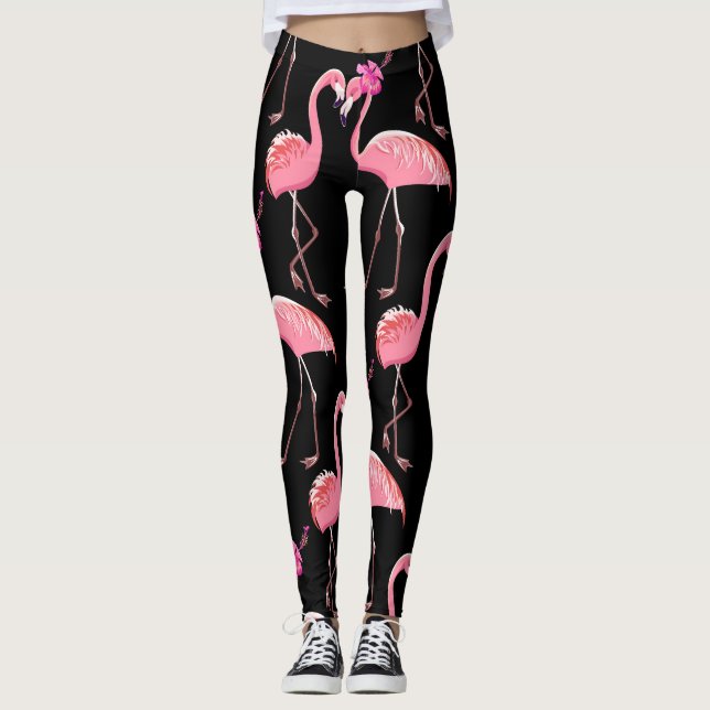 Rosa Flamingos: Vintagen Black Background Leggings (Framsida)