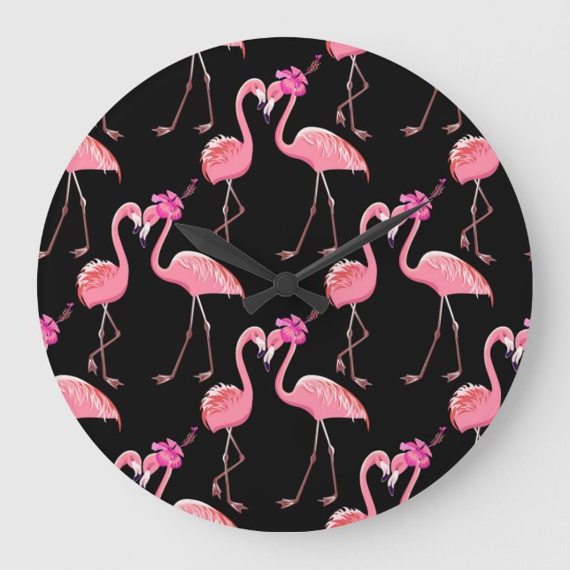 Rosa Flamingos: Vintagen Black Background Stor Klocka (Framsida)