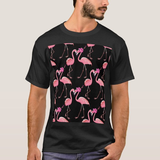 Rosa Flamingos: Vintagen Black Background T Shirt (Framsida)
