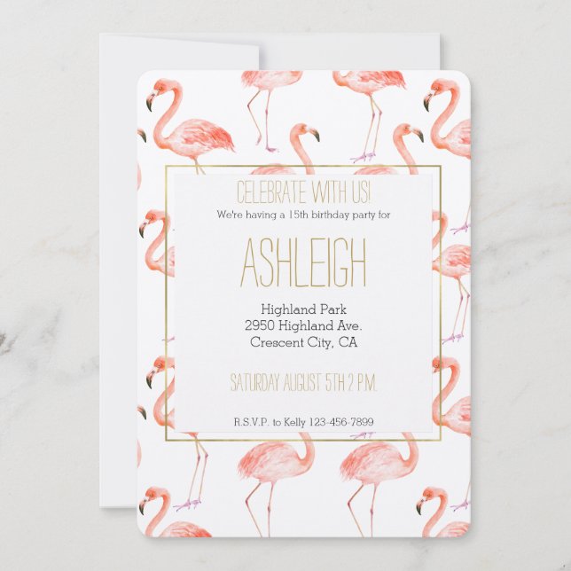 Rosa Flamingos Watercolor Inbjudningar (Framsida)