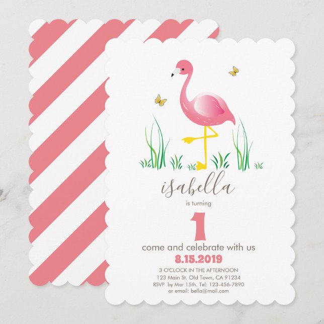 Rosa Flamings Girl 1:a födelsedagskort Inbjudningar (Fram/baksida)