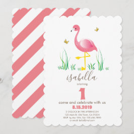 Rosa Flamings Girl 1:a födelsedagskort Inbjudningar