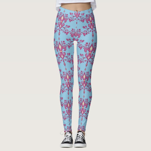 Rosa Fleur de lis om himlar blå dambalar Leggings (Framsida)