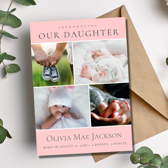 Rosa Flicka 4 Photo Collage Birth Meddelande (Introducing Our Daughter 4 Photo Baby Birth Announcement)