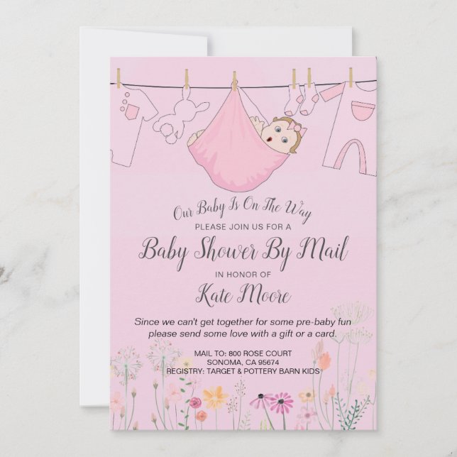 Rosa Flicka Baby Shower by Mail Inbjudningar (Framsida)