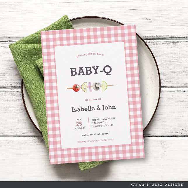 Rosa Flicka BabyQ Par Babyshower Inbjudan (Invite shown in 5 x 7 inches, choose size, paper and corner style. Buy print or digital invitations.)