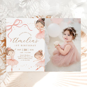 Rosa flicka ballerina 1-års födelsedagsfest foto inbjudningar