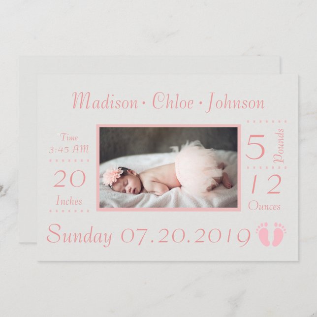 Rosa Flicka Birth Chart Birth Notice Inbjudningar (Fram/baksida)