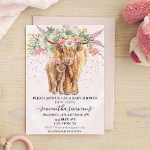 Rosa flicka blommig höglands ko kalv baby shower inbjudningar
