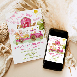 Rosa flicka Boskap 3-årsdagen party Inbjudningar