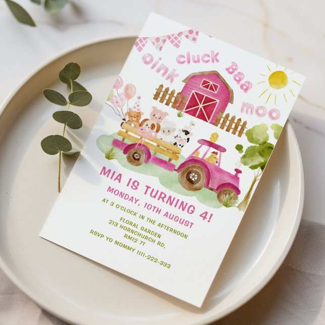 Rosa flicka Boskap 4e födelsedagen party Inbjudningar (Skapare uppladdad)