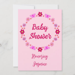 Rosa Flicka Butterflies and Flowers Baby Shower Inbjudningar