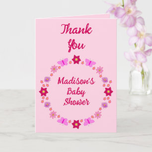 Rosa Flicka Butterflies and Flowers Baby Shower Kort