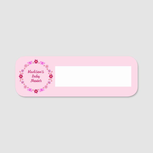 Rosa Flicka Butterflies and Flowers Baby Shower Namnbricka (Framsida)
