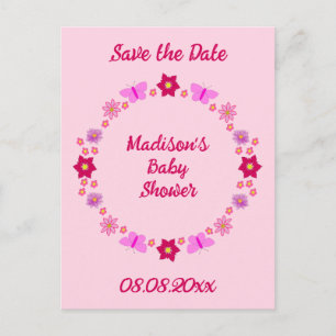 Rosa Flicka Butterflies and Flowers Baby Shower Vykort