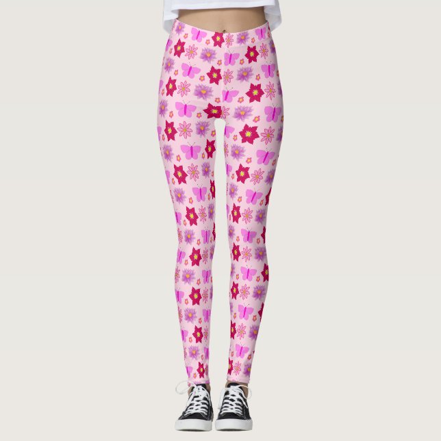Rosa Flicka Butterflies and Flowers Patternated Leggings (Framsida)