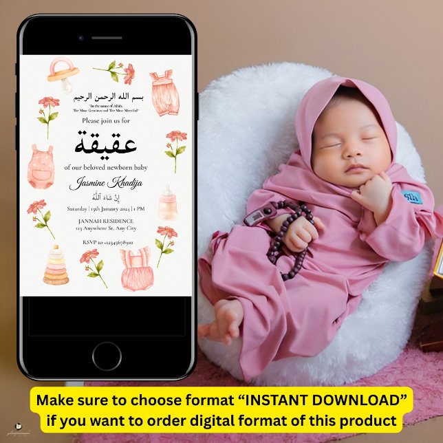 Rosa Flicka Clothing Aqiqah Aqeeqa Muslim Inbjudningar (Skapare uppladdad)