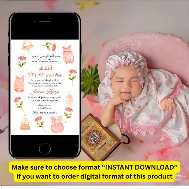 Rosa Flicka Clothing Muslim Birth Notice Inbjudningar (Skapare uppladdad)