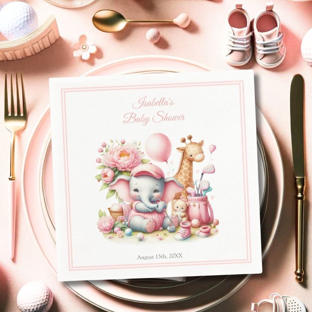 Rosa Flicka Elephant & Giraffe Golf Baby Shower Pappersservett (A lovely way to add whimsical delight to your baby shower tables. )
