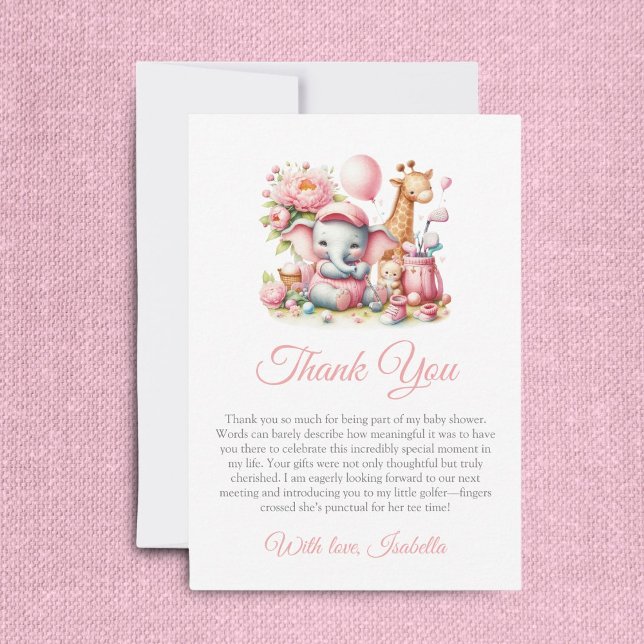 Rosa Flicka Elephant & Giraffe Golf Baby Shower Tack Kort (This sweet thank you card can be personalized to your message!)