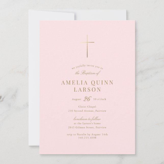 Rosa Flicka Enkel Elegant Guld Kor-baptism Inbjudningar (Framsida)