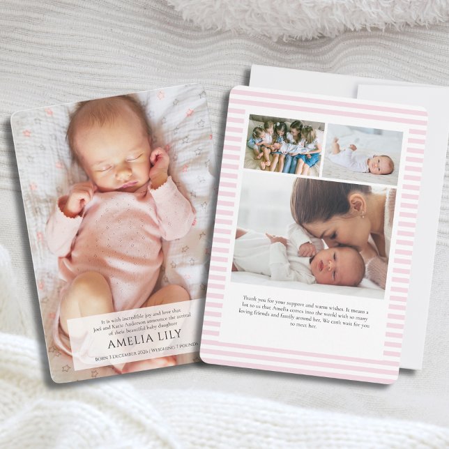 Rosa Flicka födelsekort (Cute Classic Baby Girl Birth Announcement card with photo collage of 4 photos and pink stripes)