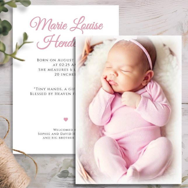 Rosa Flicka födelsekort för foto Meddelande (Pink Baby Girl Photo Birth Announcement Card)
