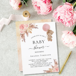 Rosa-flicka för babyduschpampas-gräs inbjudningar
