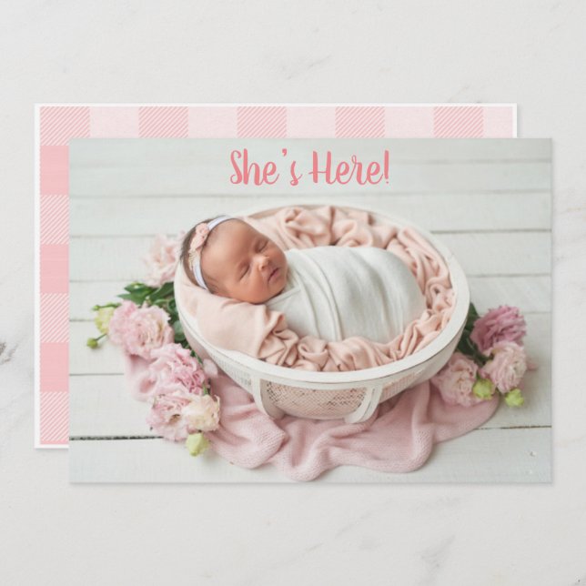 Rosa Flicka Gingham Play Cute Modern Birth Meddelande (Fram/baksida)