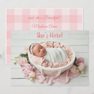 Rosa Flicka Gingham Play Cute Modern Birth Meddelande