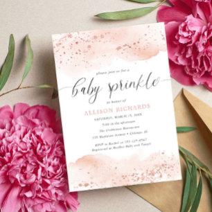 rosa, flicka i guld i Watercolor ro, baby sprink Inbjudningar