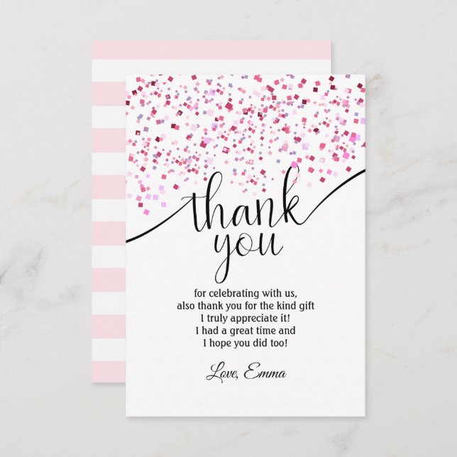 rosa, flicka, konfetti, tackkort inbjudningar (Fram/baksida)