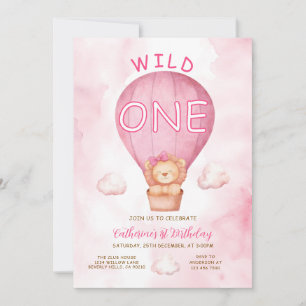 Rosa flicka Lejon Wild One Varm luftballong Födels Inbjudningar