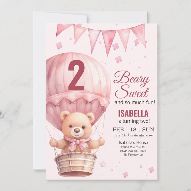 Rosa Flicka Luft Ballon Nalle Födelsedag Inbjudningar (Framsida)
