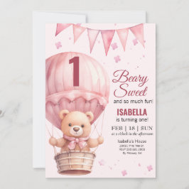 Rosa Flicka Luft Ballon Nalle Födelsedag Inbjudningar