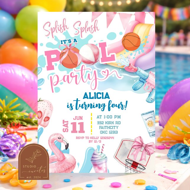 Rosa flicka med båge basketboll pool fest födelsed inbjudningar (Skapare uppladdad)