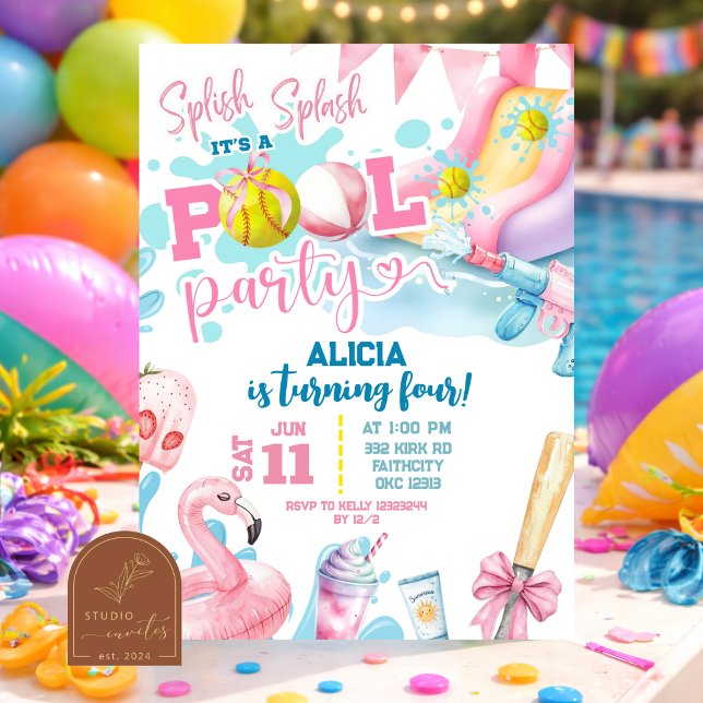 Rosa flicka mjukt baseboll-pool fest födelsedag inbjudningar (Skapare uppladdad)