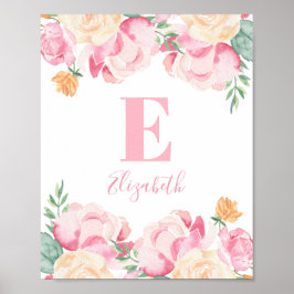 Rosa flicka monogram. Nursery-blommor namn Poster