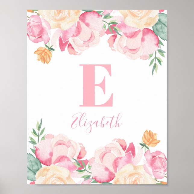 Rosa flicka monogram. Nursery-blommor namn Poster (Framsidan)