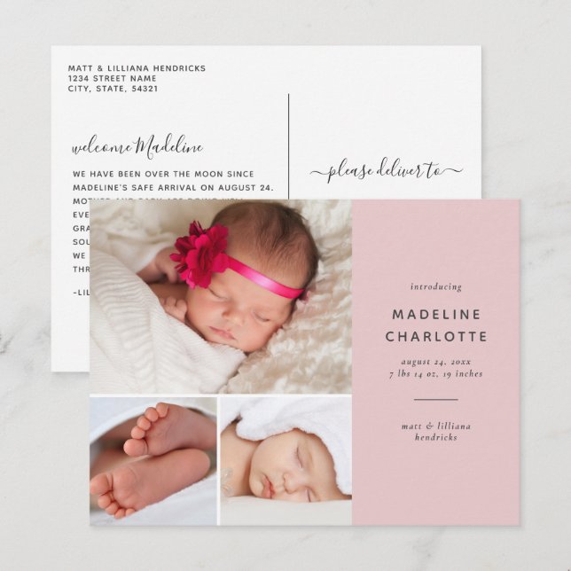 Rosa Flicka Multi-Photo Newborn-meddelande Vykort (Fram/baksida)