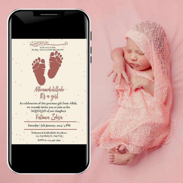 Rosa Flicka Muslim Aqiqah Aqeeqa Inbjudningar (Skapare uppladdad)