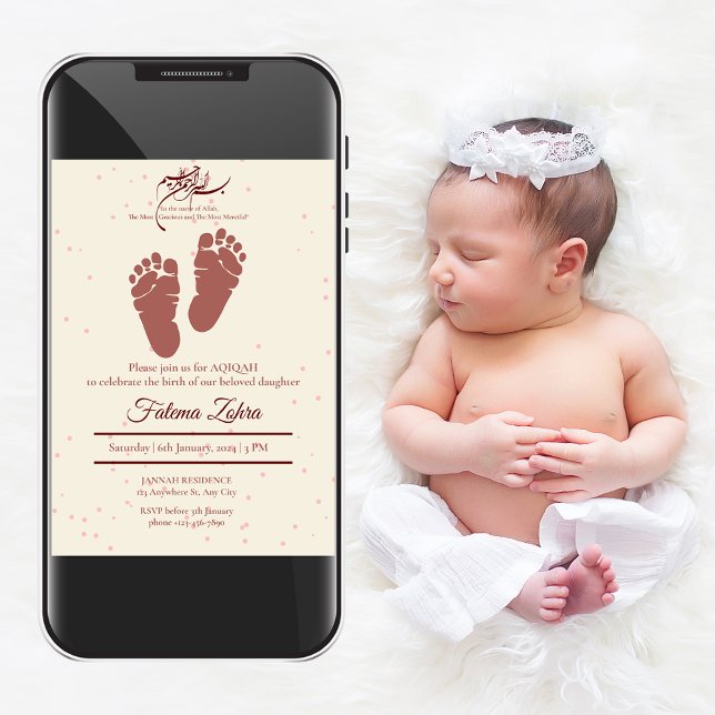 Rosa Flicka Muslim Aqiqah Aqeeqa Inbjudningar (Footprint Pink Baby Girl Muslim Aqiqah Aqeeqa Invitation)
